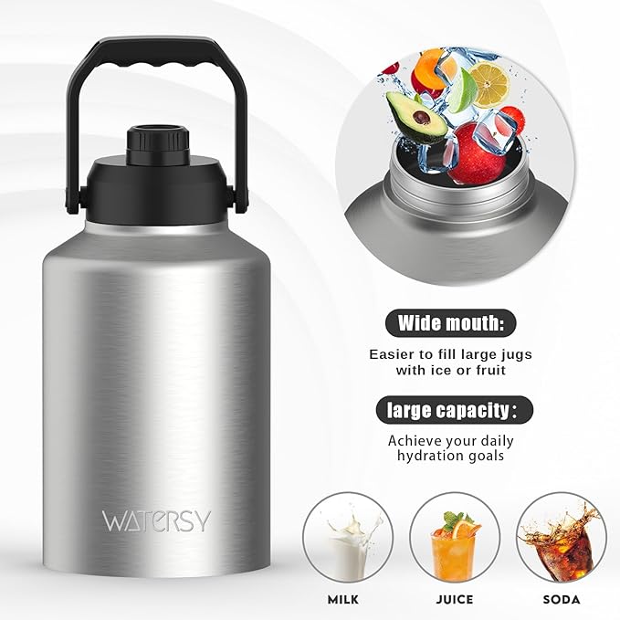 1 Gallon Water Bottle Insulated(Cold for 48 Hrs),BPA Free&Leak Proof,128oz Stainless Steel Water Jug,Big thermo,Large Water Bottle with Handle for Gym,Hiking,Camping&Travel,Stainless