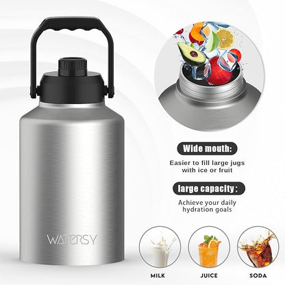 1 Gallon Water Bottle Insulated(Cold for 48 Hrs),BPA Free&Leak Proof,128oz Stainless Steel Water Jug,Big thermo,Large Water Bottle with Handle for Gym,Hiking,Camping&Travel,Stainless
