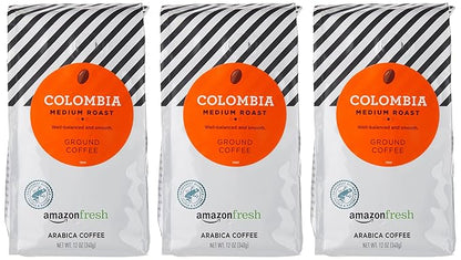 Amazon Fresh Colombia Ground Coffee, Medium Roast, 12 Ounce (Pack of 3)