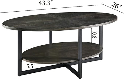 Solid Wood Oval Coffee Table with Cross Metal Legs, 43.3in Modern Industrail Center Table with Open Shelf Cocktail Tea Table for Living Room Bedroom, Rustic Black 1811BK