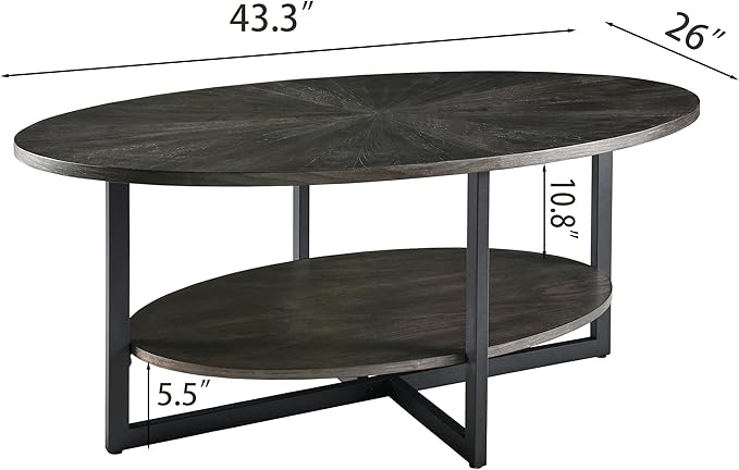 Solid Wood Oval Coffee Table with Cross Metal Legs, 43.3in Modern Industrail Center Table with Open Shelf Cocktail Tea Table for Living Room Bedroom, Rustic Black 1811BK