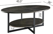 Solid Wood Oval Coffee Table with Cross Metal Legs, 43.3in Modern Industrail Center Table with Open Shelf Cocktail Tea Table for Living Room Bedroom, Rustic Black 1811BK