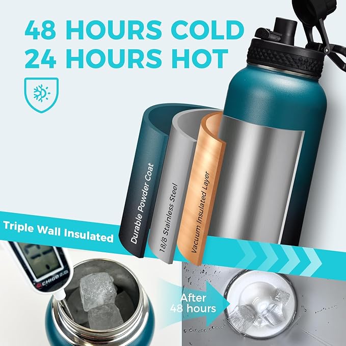Stainless Steel Water Bottles 32oz - Cold-48h Hot-24h Insulated Water Bottle with Straw & Auto Spout Lid, Carrier Bag & Protective Cup Mat, Metal Thermo Flask Reusable Gym Waterbottle Jug Leak Proof