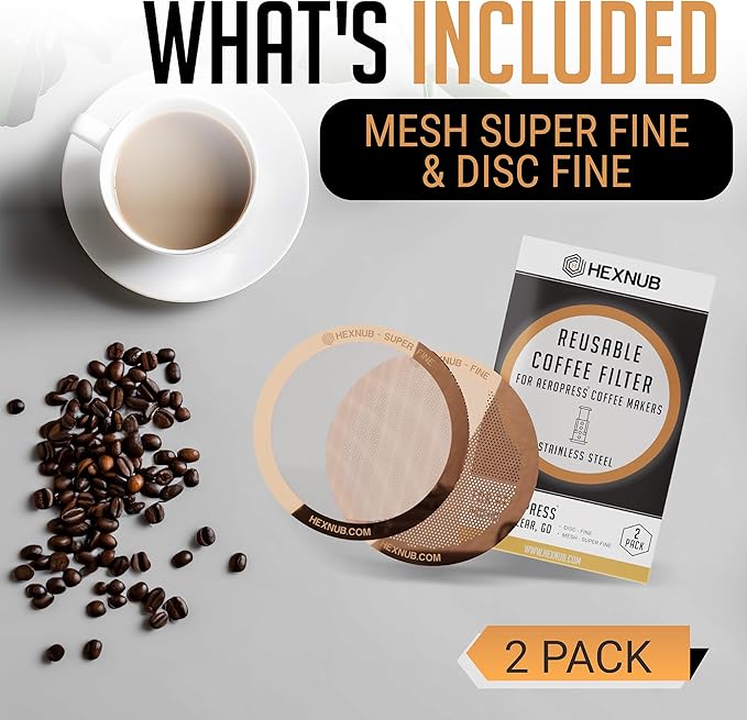 HEXNUB - Reusable Metal Filters for AeroPress Coffee Maker, Stainless Steel Filter Fits AeroPress Original & Go Cafe Press, Fuller Bodied Coffee Than Paper Filters - COPPER 2-PACK