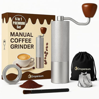 Manual Coffee Bean Grinder 5 in 1 Accessories 25G, Portable French Press 12 Adjustable Setting Espresso Grinder, Conical Coffee Burr Grinder with Double Bearing, Steel Body