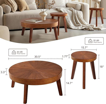 Farmhouse Round Coffee Table Set of 3, Boho Sofa Side Nesting Tables End Table Set with Wood Natural Finish for Living Room, Bedroom, Home Office,Brown