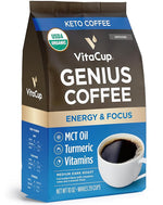 Load image into Gallery viewer, VitaCup Organic Genius Ground Keto Coffee, Increase Energy &amp; Focus w/MCT Oil, Turmeric, B Vitamins, D3, USDA Organic Ground Coffee Medium Dark Roast, Bold &amp; Smooth, 100% Arabica Coffee Grounds, 10 oz
