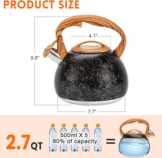 GGC Tea Kettle for Stove Top, Loud Whistling Kettle for Boiling Water Coffee or Milk, 3.1 Quart Stainless Steel Art Line Black Kettle with Wood Pattern Handle, Unique Button Control Kettle Outlet