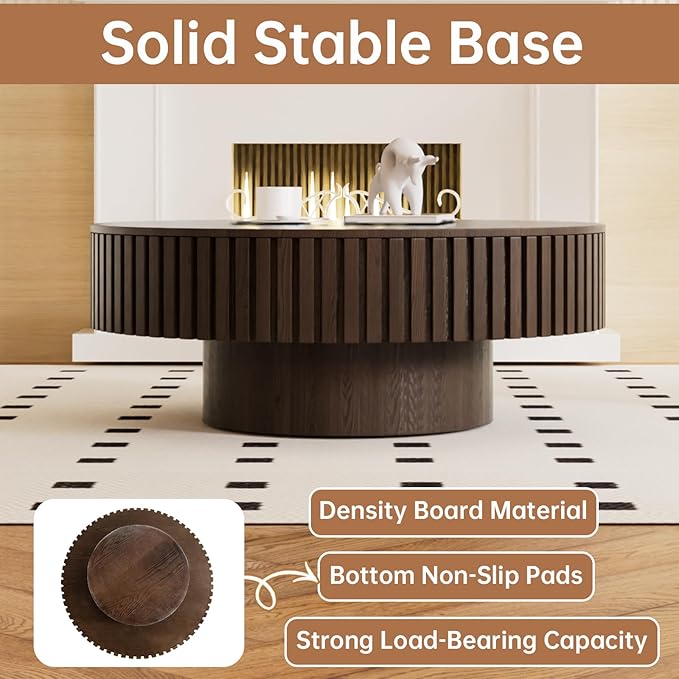 Round Coffee Table with Storage 31.4" Modern Brown Fluted Coffee Table Low Round Storage Drum Pedestal Coffee Tables for Living Room Farmhouse (Brown A 31.4in)