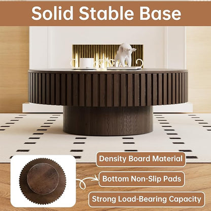Round Coffee Table with Storage 31.4" Modern Brown Fluted Coffee Table Low Round Storage Drum Pedestal Coffee Tables for Living Room Farmhouse (Brown A 31.4in)