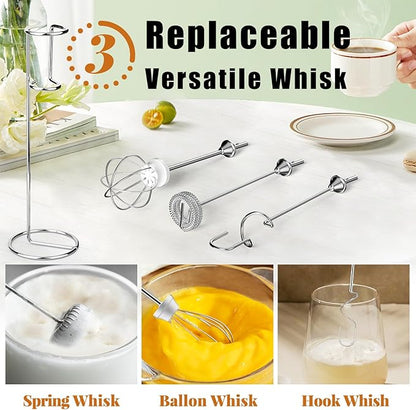 Nahida Milk Frother Wand for Coffee Frother Handheld with Stand Drink Mixer with 3 Heads 3 Speeds Electric Whisk Foam Maker For Latte, Cappuccino, Hot Chocolate - Silver