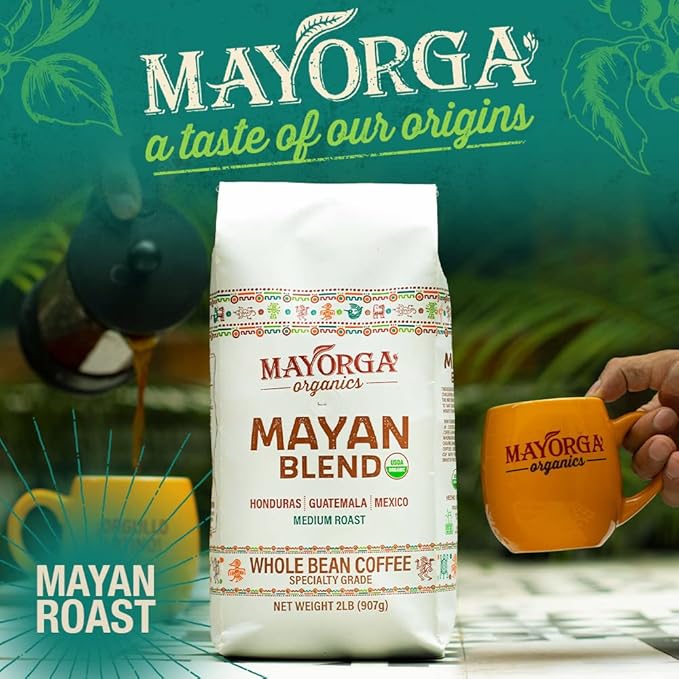 Mayorga Organic Coffee 12oz Mayan Blend - Medium Roast Whole Bean Specialty Grade Coffee, 100% Arabica, Slow Roasted, Chocolate and Floral Flavor with Low Acidity - USDA Organic, Non-GMO, Kosher