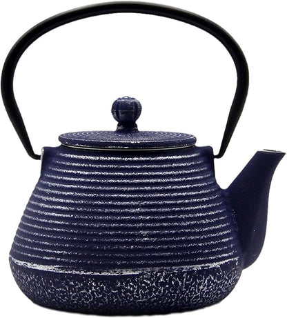 Cast Iron Teapot, 20.3oz Small, Enameled Interior, Stainless Steel Infuser for Loose Tea (Blue Pinstripe Pattern)
