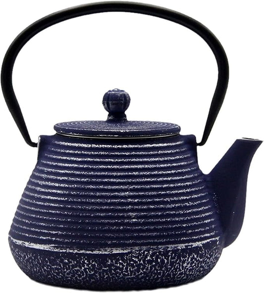 Cast Iron Teapot, 20.3oz Small, Enameled Interior, Stainless Steel Infuser for Loose Tea (Blue Pinstripe Pattern)