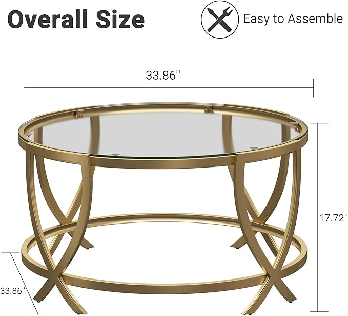 ASYA Round Coffee Table for Living Room, Gold Coffee Table with Tempered Glass & Metal Frame, Modern Glass Living Table for Home&Office