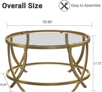 ASYA Round Coffee Table for Living Room, Gold Coffee Table with Tempered Glass & Metal Frame, Modern Glass Living Table for Home&Office