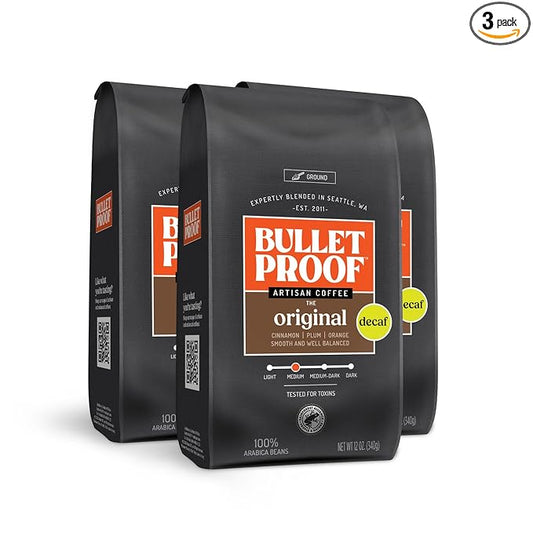 Bulletproof Original Medium Roast Ground Decaf Coffee, 12 Ounces (Pack of 3), Clean Coffee Tested for Toxins, Packaging May Vary