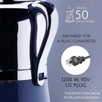 Load image into Gallery viewer, Korkmaz Hanedan A843-03 Stainless Steel Samovar, Upper Pot 1.3 L (43.9 Oz), Bottom Pot 3.5 L (118.3 Oz) Electric Turkish Tea Maker Set, Double Pots Tea Machine, Inox, Chrome, 110 V US Plug, 5.1- Quart