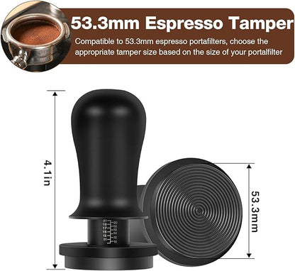 PUSEE 53.3mm Espresso Coffee Tamper with Double Spring Calibrated, Handle Tamper 30lbs Pressure with Titanium Coating Stainless Steel Ripple for Espresso Machine Accessories 53.3mm Tamper, Black