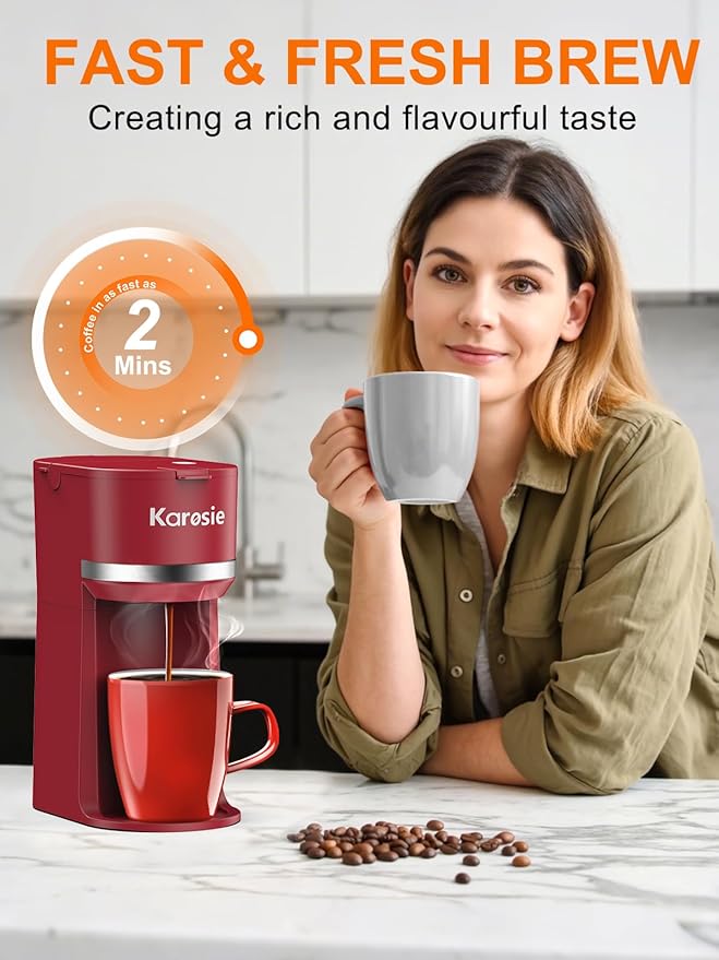 Single Serve Coffee Maker for K-Cup and Ground Coffee, Fast Brew, 6-12 oz Brew Sizes One Cup Coffee Machine Fits 5.5" Mugs, One-Button Small Coffee Maker with Descaling Reminder, Red