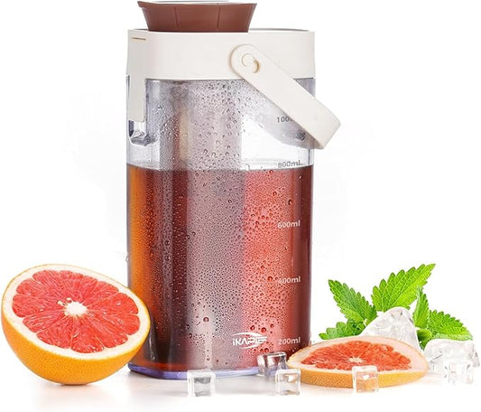 IKAPE 33.8oz Cold Brew Coffee Maker with Removable Filter, Leak-proof Spout for Iced Coffee, Tea & Flavored Drinks, Space Saving Tritan Pitcher (Brown)