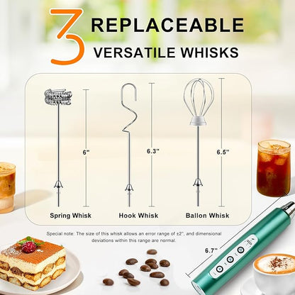 YUSWKO Green Handheld Milk Frother Wand for Coffee, Rechargeable Electric Whisk with 3 Heads 3 Speeds Drink Mixer Coffee Frother For Latte, Cappuccino, Hot Chocolate, Egg