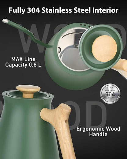 Harriet Gooseneck Electric Kettle - 1200W Fast Heat, 0.8L Stainless Steel, Precision Temp Control & Timer, Wood Handle, Pour Over Coffee and Tea, Green