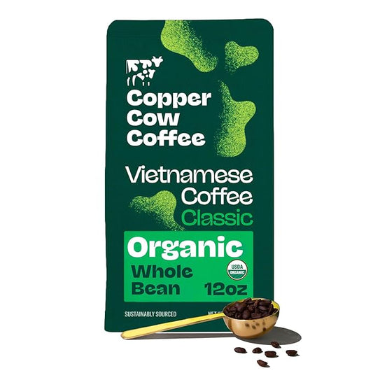 Copper Cow Premium Vietnamese Whole Bean Coffee, 12 OZ | Organic Classic | Dark Roast | Vietnamese Coffee