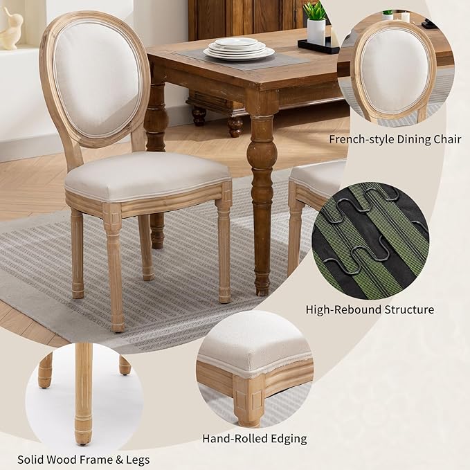 Vintage French Country Dining Chairs Set of 2, Linen Fabric Dining Chair with Solid Wood Legs, Beige Upholstered Dining Chairs, Sillas para Comedor, Kitchen & Dining Room Chair (Beige, Linen, 2Pcs)