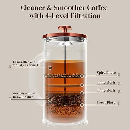 Veken French Press Coffee Maker 34oz 1 L, Heat Resistant Thickened Borosilicate Glass, No Plastic Touching Cafe, Stainless Steel Brewer, Cold Brew Cafetera Teapot for Kitchen Travel Camping, Copper