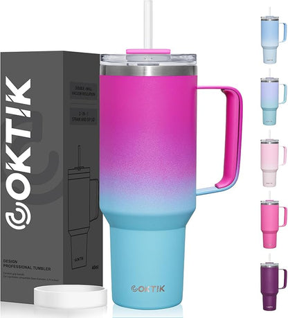 COKTIK 40 oz Tumbler With Handle and Straw Lid, Vacuum Insulated Travel Coffee Mug Stainless Steel Insulated Cup for Beverages, Leak-proof, Cupholder Friendly (Rose Plum)