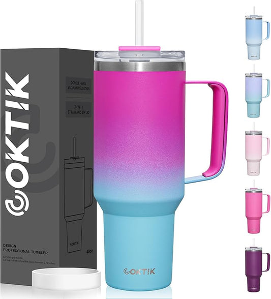 COKTIK 40 oz Tumbler With Handle and Straw Lid, Vacuum Insulated Travel Coffee Mug Stainless Steel Insulated Cup for Beverages, Leak-proof, Cupholder Friendly (Rose Plum)