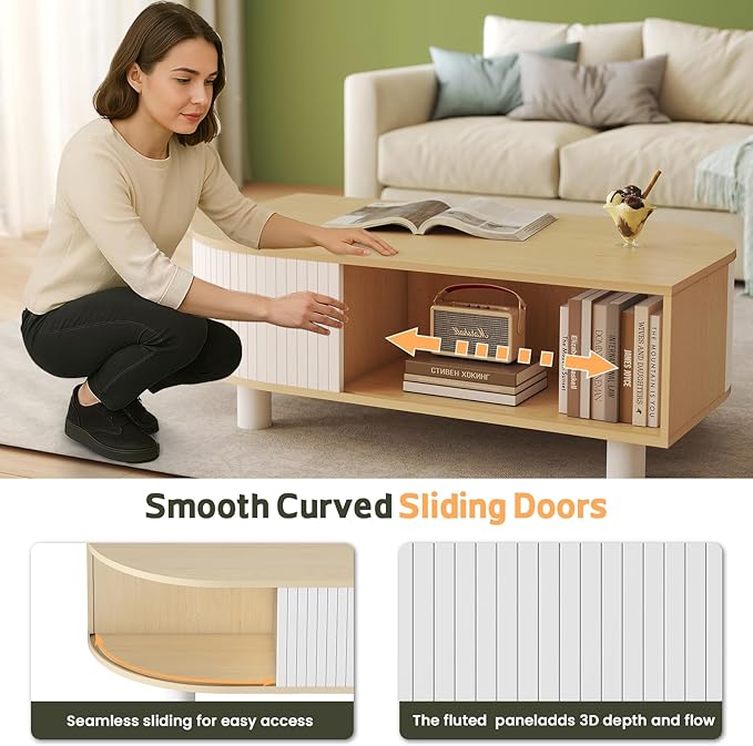 Boho 39.4" Coffee Table with Storage - Leaf-Shaped Wood Center Table, Retro Fluted Central Table with Sliding Door & Large Hidden Compartment, for Living Room Home Office, Oak