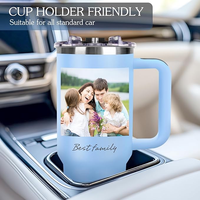 Personalized 40 oz Tumbler with Handle and Straw, Custom Tumbler with Picture, Logo, Text, Stainless Steel Travel Coffee Mug Cup, Personalized Gifts For Women Men Birthday Anniversary Christmas Gifts