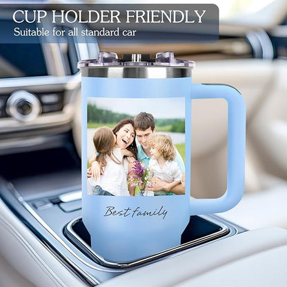 Personalized 40 oz Tumbler with Handle and Straw, Custom Tumbler with Picture, Logo, Text, Stainless Steel Travel Coffee Mug Cup, Personalized Gifts For Women Men Birthday Anniversary Christmas Gifts