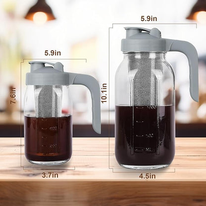 Cold Brew Coffee Maker Pitcher,64 Oz Heavy Duty Glass Mason Jar Pitcher with V-shaped Pour Spout Handle Lid,Stainless Steel Filter for Iced Coffee,Iced tea,Fruit Drinks,lemonade - Gray
