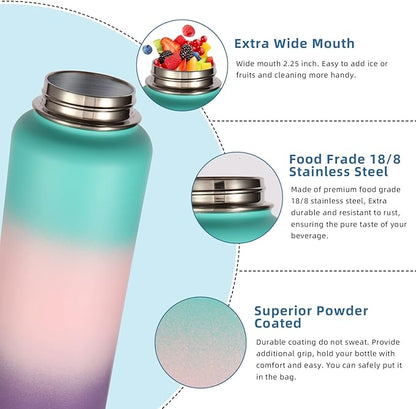 Volhoply 32oz Insulated Water Bottles Bulk 2 Pack with Straw Lid &Spout Lid,Stainless Steel Sports Water Bottle,Double Wall Vacuum Cups,Leakproof Wide Mouth Metal Flask for Travel(Gradient Color,2)