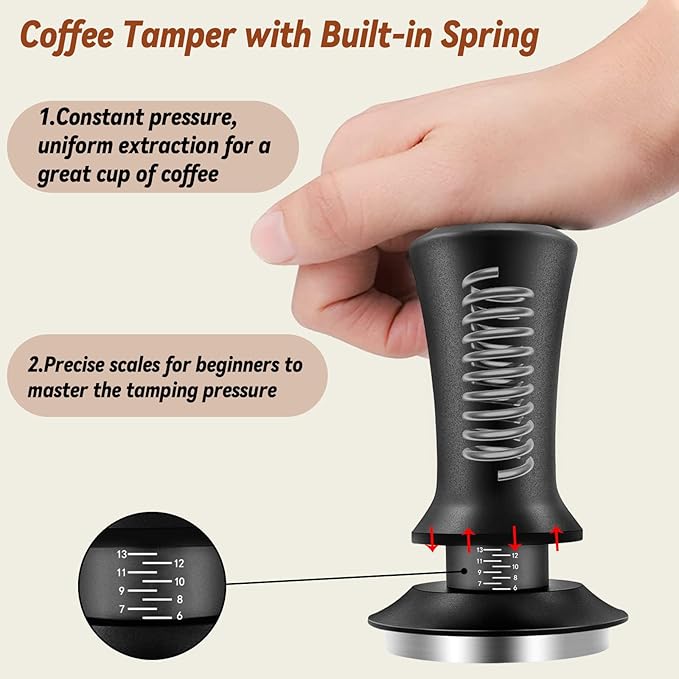 Coffee Espresso Tamper 51mm with WDT Tool Calibrated Spring Loaded, Coffee Press with Silicone Mat, 100% Flat Stainless Steel Base Tamper for Espresso Coffee Machine (51mm, Black)