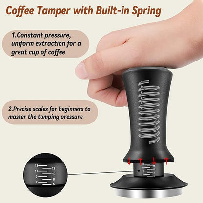 Coffee Espresso Tamper 51mm with WDT Tool Calibrated Spring Loaded, Coffee Press with Silicone Mat, 100% Flat Stainless Steel Base Tamper for Espresso Coffee Machine (51mm, Black)