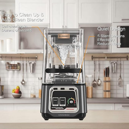 CRANDDI Commercial Blender, 2200W Countertop Blenders with Removable Shield, Quiet Smoothie Blender for Shakes and Ice Crushing, 52oz, 38000 RPM Professional Blenders for Kitchen, K80 (Grey)