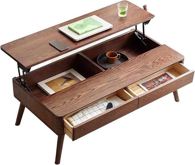 100% Solid Oak Lift Top Coffee Table, Wood Coffee Table with Hidden Compartment and Drawers - Coffee Tables for Living Room (Walnut Color, 39.37 inch)