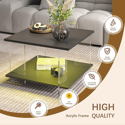 24" Acrylic Coffee Table with Black Wood Tabletop, Minimalist Stylish Modern Square Center Table for Living Room,Led Living Room Table with Storage Shelf & Acrylic Frame for Small Space
