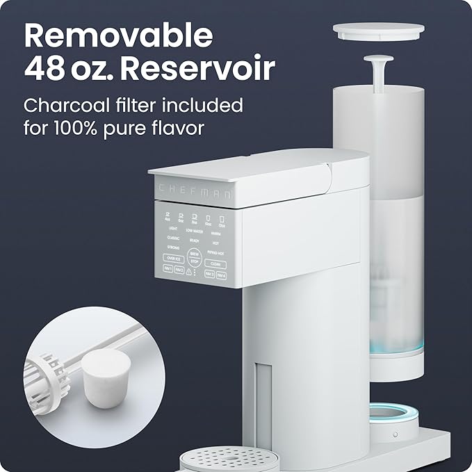 Chefman Caffeinator Single Serve Coffee Maker, Brew Kcups & Grounds, Drip Coffee Machine with Brew Strength Settings, Iced Coffee Function, 48 oz. Removable Water Reservoir