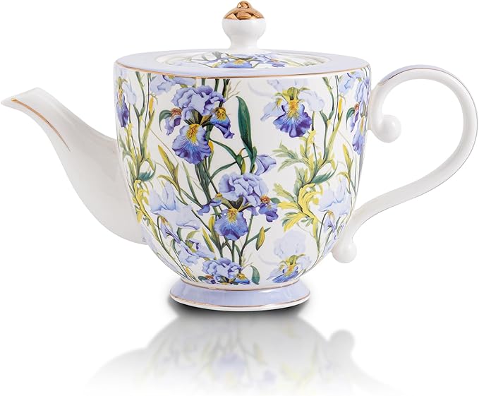 Flower Ceramic Teapot，28.7oz Blue Flower Teapot for Tea Party, Women's Gathering, Family Gathering (Blue)