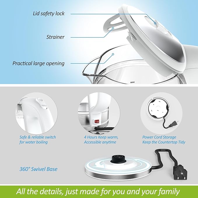 Glass & Stainless Steel Cordless Electric kettle for boiling water, Hot water boiler Electric Tea Kettle automatic shut off Boil-Dry Protection, PC Outer + Glass Inner, 1500W, 1.7L, WH