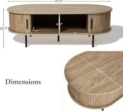 LuxenHome Oval Coffee Table with Storage, 47" Mid Century Modern Fluted Coffee Tables for Living Room, Wooden Sliding Door Boho Storage Center Table for Home, Office