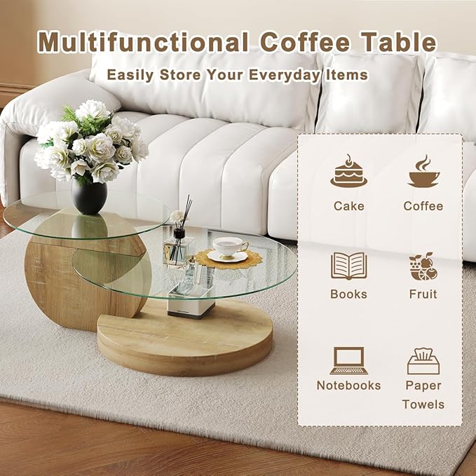 42 Inch Glass Coffee Table，Round Coffee Table with 2-Tier Tempered Glass Tabletop，Easy to Clean Circle Coffee Table with Sturdy Base for Living Room，Office (Natural Wood-Colored Base)