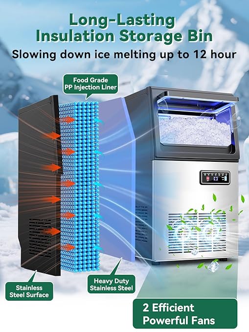 Commercial Nugget Ice Maker Machine with 12Lbs Storage Bin, 70Lbs/24H Stainless Steel Undercounter/Freestanding Pellet Crushed Chewable Ice Maker with Self-Cleaning for Home, Party, Office