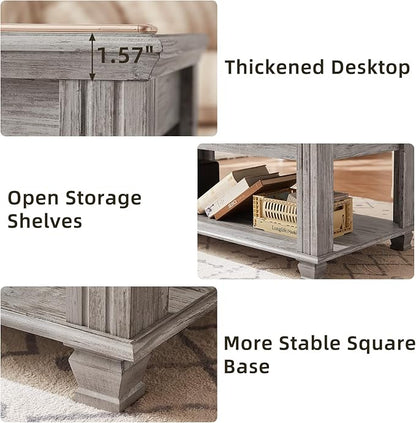 Farmhouse Coffee Tables for Living Room,Square Tea Table with Open Storage Shelf,Large Coffee Table,Rustic Wooden Center Table,Gray