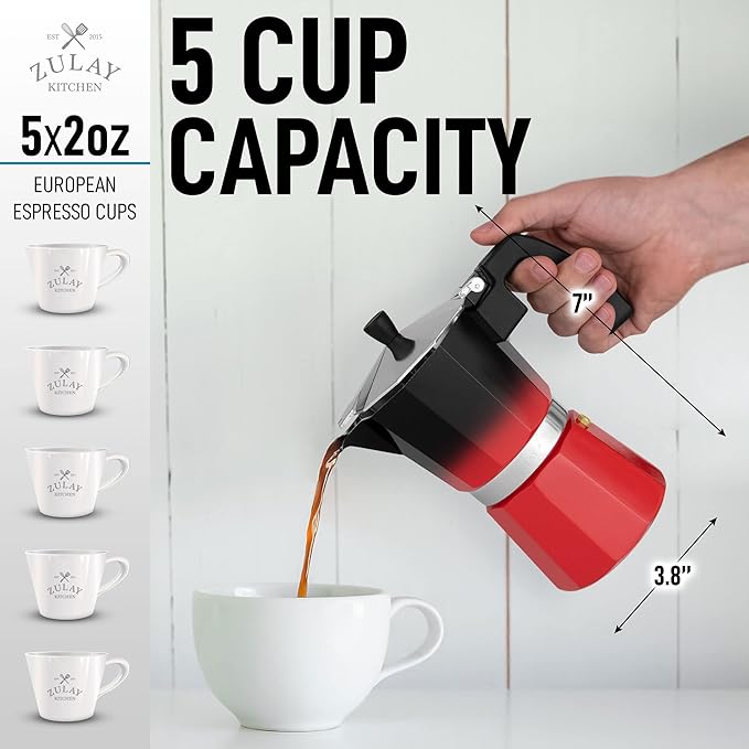 Zulay Kitchen Stovetop Espresso Maker - Moka Pot 5.5 Espresso Cups - Percolator Coffee Maker for Classic Cuban & Italian Style Espresso - Portable Coffee Maker for Camping & Travel - (Black/Red)